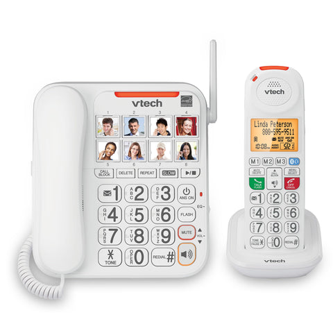 VTech SN5147 Amplified Corded/Cordless Senior Phone with Answering Machine, Big Buttons, 90dB Extra-Loud Visual Ringer, 50dB Audio Assist, Call Blocker, White