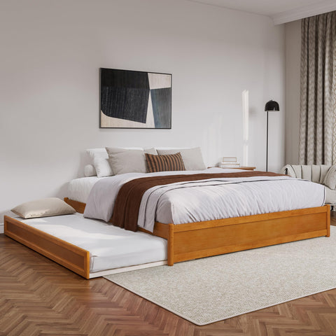 AFI, Barcelona King Panel Platform Bed with Twin XL Trundle, Light Toffee
