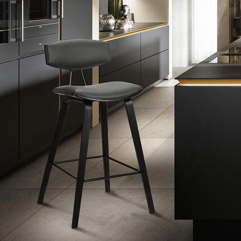 Armen Living Fox 28.5" Bar Height Grey Faux Leather and Black Wood Mid-Century Modern Bar Stool