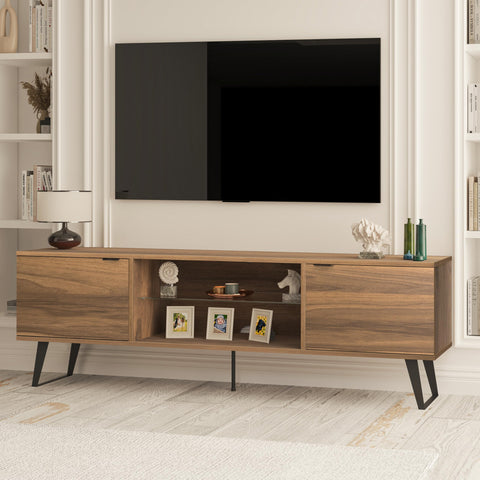 Atelier Mobili Mid Century Modern TV Stand Farmhouse TV Stand Entertainment Center for Living Room, Walnut TV Stand with Glass Shelf, Fits 80 Inch TV, Soft Closing Hinges, Storage for Bedroom