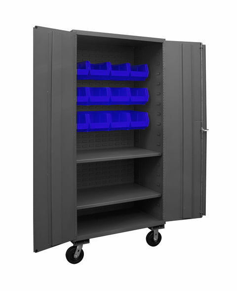 Durham 2501M-BLP-12-2S-5295 Lockable Mobile Cabinet with 12 Blue Hook-On Bins, 2 Adjustable Shelves, Flush Door Style, 36" Wide, 16 Gauge, Gray