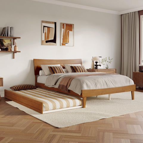 AFI, Phoenix Queen Wood Platform Bed with Twin XL Trundle, Light Toffee