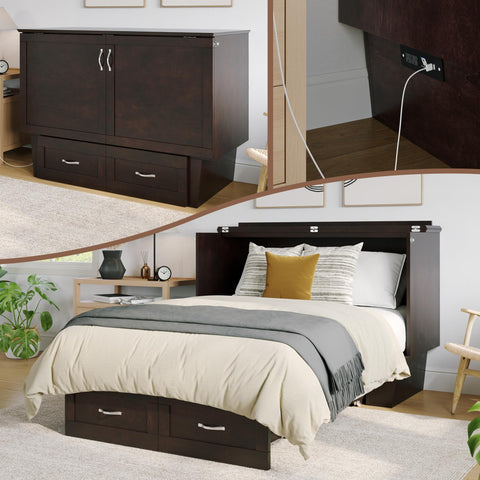 AFI, Monroe Full Murphy Bed Chest with 6" Mattress, Storage Drawer & Built-in USB Charger, Espresso