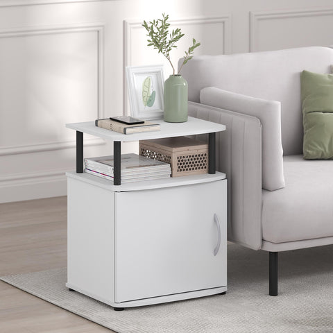 Furinno Jaya Side Table, 2-Tier Open Shelf End Table with Door Cabinet, Soft-Edges Night Stand, Bedside Table, for Living Room, Bedroom, White
