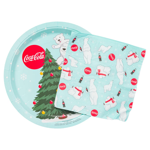 Silver Buffalo Coca-Cola Polar Bears Christmas Tree 32 Pack Partyware Disposable Paper Plates and Napkins