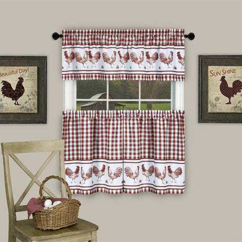ACHIM Light Filtering Printed Tier & Valance Window Curtain Set - 58 Inch Length, 24 Inch Width - Barnyard (Burgundy), Machine Washable Drape for Kitchen, Bedroom, Living, & Dining Room Home Decor