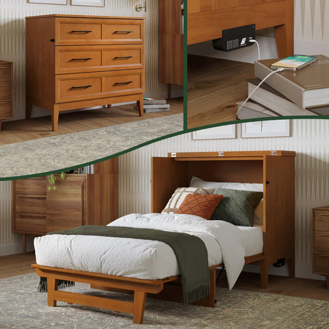 AFI, Santa Fe Twin Murphy Bed Chest with 6" Mattress & Built-in USB Charger, Light Toffee