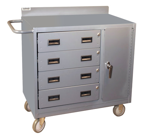 Mobile Bench Cabinet With 5 Inch X 1-1/4 Inch Polyurethane Casters (2) Rigid And (2) Swivel 1 Shelf In Storage Area 1 Side Door And 4 Drawers Lockable With Tubular Push Handle Gray