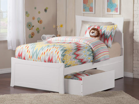 Metro Twin Platform Bed with Matching Footboard and Turbo Charger with Urban Bed Drawers in White