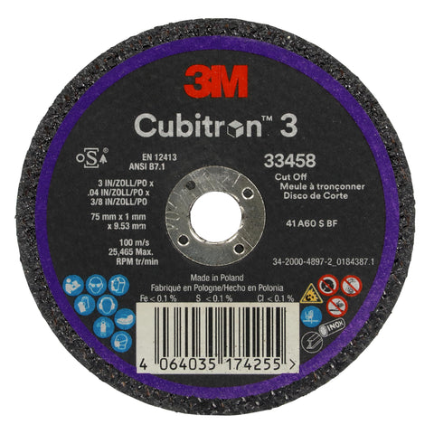 3M Cubitron 3 Cut-Off Wheel 33458, 75 mm x 1 mm x 9.53 mm (3 in x 0.04 in x 3/8 in), Long Lasting Performance, High Cut Rate, for Automotive Cutting and Splicing, Collision Repair, 5 Wheels