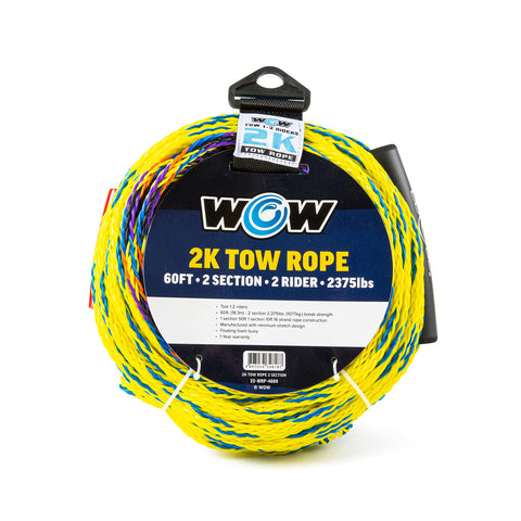 WOW Sports 60 ft 2K Tow Rope - 2-Section - UV Treated - 2,375-lb Strength - Floating Handle - for 1-2 Riders
