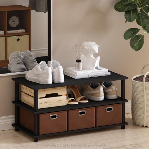 Furinno Turn-N-Tube Multipurpose Compact Open Storage Shoe Rack Shoe Shelf Organizer with Bin Drawers Black Oak/Black/Brown