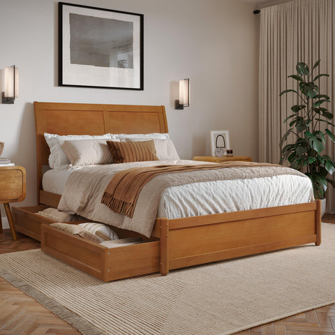 AFI, Andorra Full Platform Bed with Panel Footboard & Storage Drawers, Light Toffee