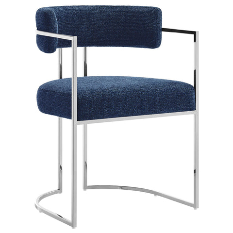 Modway Huron Modern Barrel Dining Chair with Sled Base in Silver Navy – Upholstered Fabric Accent Chair with Open Curved Back