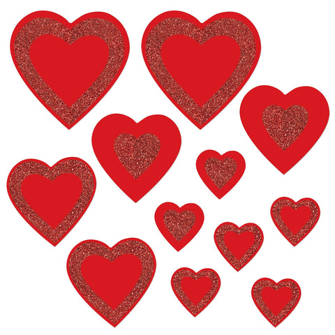 Beistle 12 Piece 5" - 12" Red Paper Glittered Heart Cut Outs For Valentine's Day Decorations, Classroom Bulletin Board Décor, Craft Supplies, Made In USA Since 1900