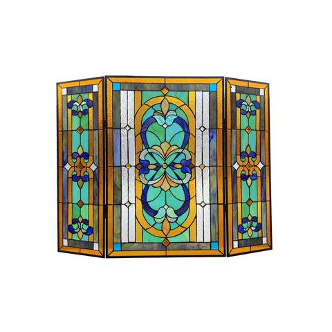 Benjara CH1F195GV40-GFS Palace Tiffany-Style 3Pcs Folding Victorian Stained Glass Fireplace Screen 40" Width,Multicolor
