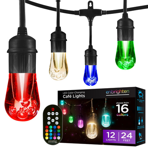 Enbrighten Vintage Outdoor String Lights, 24ft, 12 RGB Acrylic Bulbs, Weatherproof, RF Remote Control, Perfect for Holidays, Gameday, Parties, and More, 37791