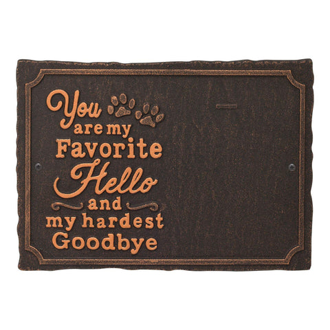 Whitehall Favorite Hello Pet Photo Plaque - Cast Aluminum You are My Favorite Hello and My Hardest Goodbye Wall Sign with Paw Prints and Picture Clip - Cat/Dog Keepsake Decor - Oil Bronze