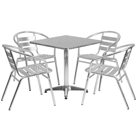 Flash Furniture Aluminum 5-Piece Patio Dining Set with Square Table and 4 Slat Back Chairs, Indoor/Outdoor Bistro Table and Chairs Set, Silver