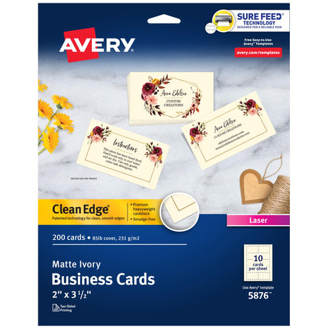 Avery® Clean Edge® Printable Business Cards, Sure Feed® Technology, 2" x 3.5", Ivory, 200 Blank Cards for Laser Printers (5876)