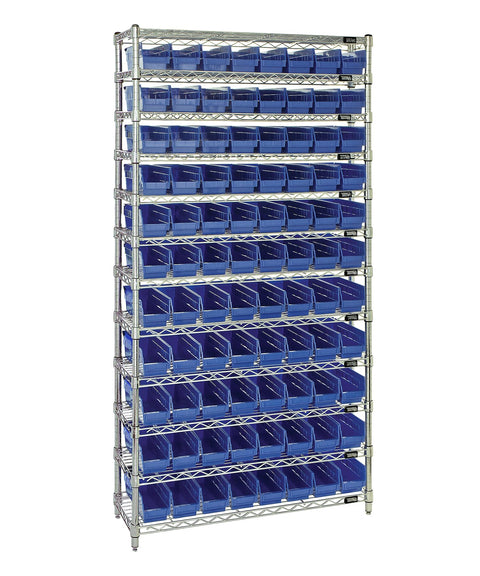 QUANTUM STORAGE SYSTEMS WR12-101BL Wire Heavy Duty 12 Shelves 74" H x 36" W x 12" D with 88 Blue Bins 12" L x 5" W x 4" H