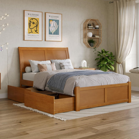 AFI Portland Full Solid Wood Platform Bed with Footboard & Storage Drawers in Light Toffee