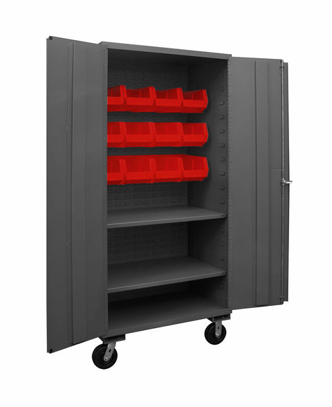 Durham 2501M-BLP-12-2S-1795 Lockable Mobile Cabinet with 12 Red Hook-On Bins, 2 Adjustable Shelves, Flush Door Style, 36" Wide, 16 Gauge, Gray