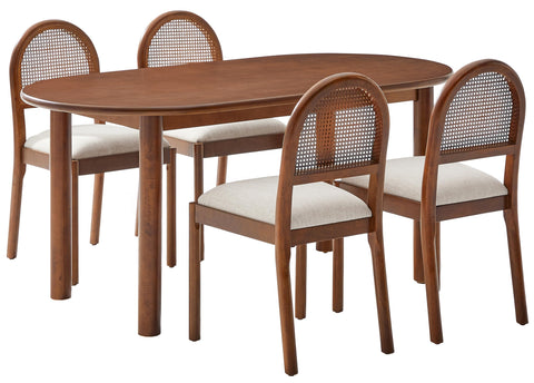 Crosley Furniture Kennedy Modern Dining Table Set for 4, Dinner Tables with Kitchen Chairs, Rattan Chair, Walnut/Creme