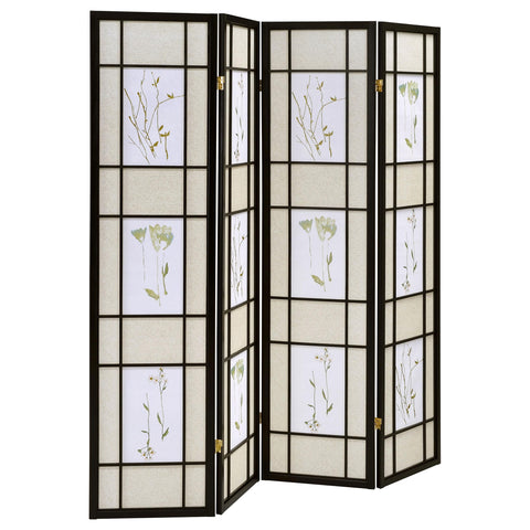 Coaster Home Furnishings - Catabella - Solid Wood - 70-Inch 4-Panel Room Divider Folding Shoji Screen with Beige Fabric Panels and Flandal Detail - Living Room & Bedroom - Black and Beige - 4407