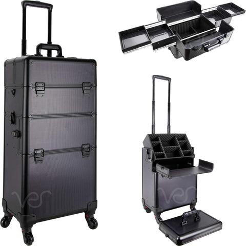 Ver Beauty 3-in-1 Professional 4 Removable Wheels Rolling Aluminum Art Craft Supplies Makeup Tattoo Artist Tool Case Organizer Easy-Slide Extendable Trays with Dividers Mirror, Black Dot