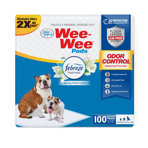 Four Paws Wee-Wee Odor Control with Febreze Freshness Pee Pads for Dogs & Puppies, Leak-Proof Dog Housebreaking Potty Training Floor Protection, Spring Fresh Scent, 22" x 23", 100 Count