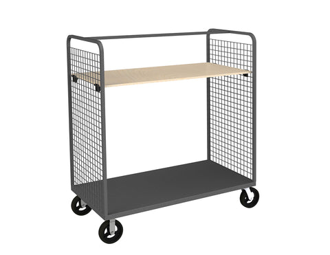 Wire Cart With 8 Inch x 2 Inch Mold-On-Rubber Casters (2) Rigid And (2) Swivel 2 Shelves And 1 Is Adjustable With 4 Plastic Shelf Holders Gray
