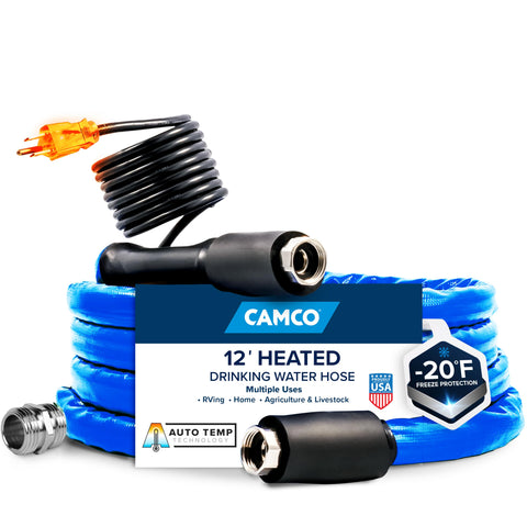 Camco 12-Ft Heated Water Hose for RV - Water Line Freeze Protection Down to -20°F/-28°C - Features Energy-Saving Thermostat & Includes Adapter for Connection to Either End of Hose (22910)