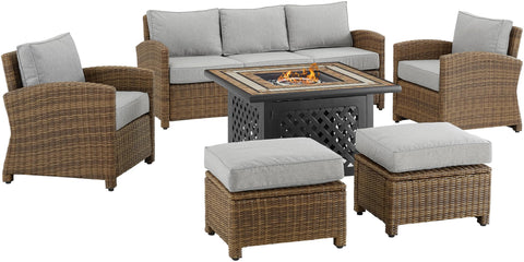 Bradenton 6Pc Wicker Outdoor Sofa Set W/ Fire Table Gray/Weathered Brown - Tucson Fire Table, Sofa, 2 Armchairs & 2 Ottomans