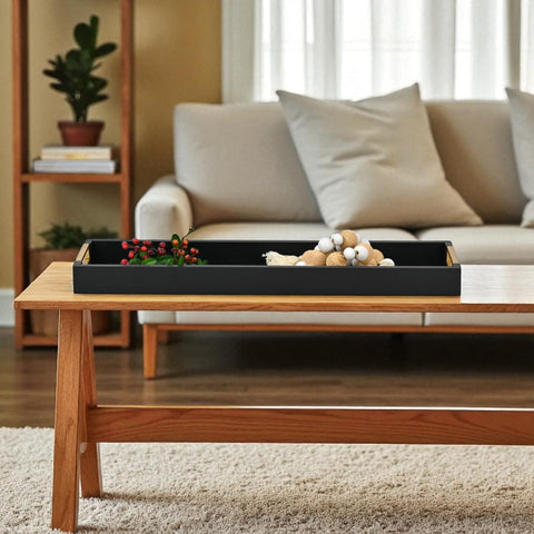 Nyssa Slim 24" Rectangular Wood Tray – Black with Gold Handles – Modern Centerpiece for Living Room or Console Table – by Cheungs