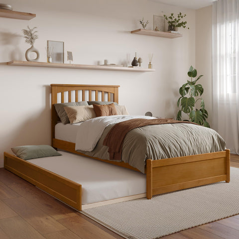 AFI, Everett Twin XL Platform Bed with Panel Footboard and Twin XL Trundle, Light Toffee