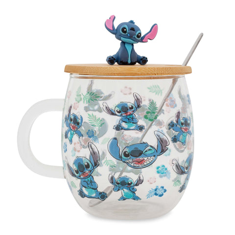 Disney Lilo & Stitch Expressions Glass Mug With Lid and Spoon | Large Coffee Cup For Tea, Espresso, Cocoa | Holds 17 Ounces