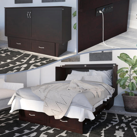 AFI, Monroe Queen Murphy Bed Chest with 6" Mattress, Storage Drawer & Built-in USB Charger, Espresso