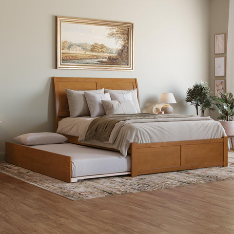 AFI Portland Queen Solid Wood Platform Bed with Footboard & Twin XL Trundle in Light Toffee