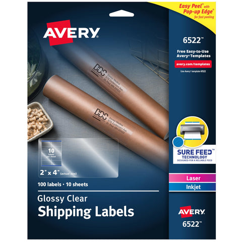 Avery® Printable Shipping Labels, Sure Feed® Technology, 2" x 4", Glossy Crystal Clear, 100 Blank Mailing Labels (6522)