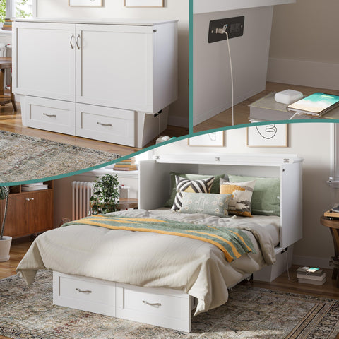AFI, Monroe Full Murphy Bed Chest with 6" Mattress, Storage Drawer & Built-in USB Charger, White