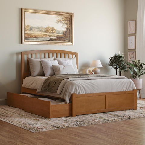 AFI Richmond Queen Solid Wood Platform Bed with Footboard & Storage Drawers in Light Toffee