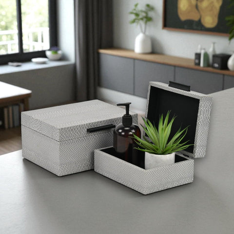 Anouk Set of 2 Decorative Storage Boxes - Snakeskin Pattern - Gray with Black Handles - For Organization, Trinkets, Keepsakes - By Cheungs