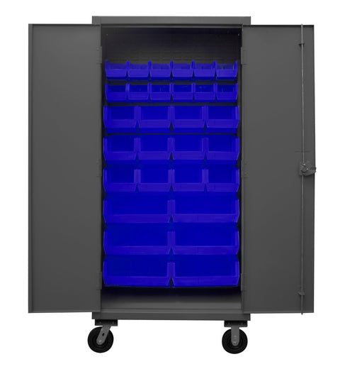 Durham HDCM36-30-5295 Lockable Mobile Cabinet with 30 Blue Hook-On Bins, 36" Wide, 12 Gauge
