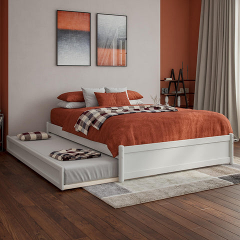 AFI Barcelona Full Solid Wood Panel Platform Bed with Twin Trundle in White