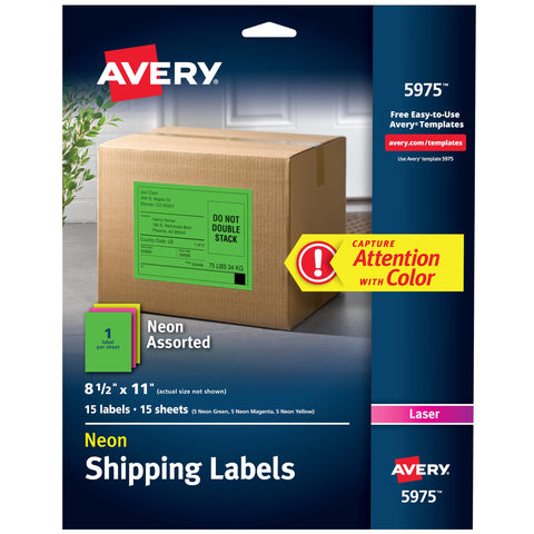 Avery Neon Shipping Labels, Laser Printable, Assorted: Green, Pink, Yellow Labels, 15 Total (5975)