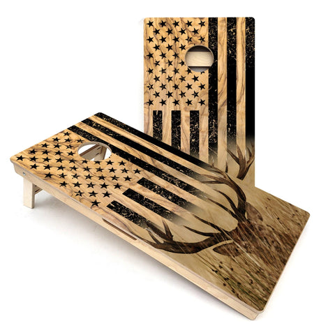 Skip's Garage Wood Hidden Deer USA Flag All-Weather Cornhole Boards - Includes (2) Boards (NO Bags) + (2) Board Hole Lights