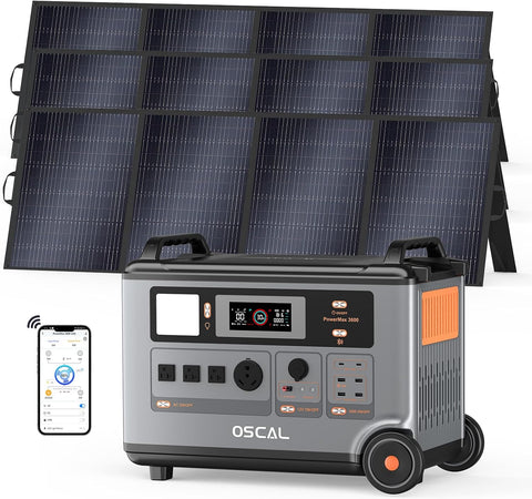 OSCAL 3600Wh Solar Generator PowerMax 3600 with 3x400W Panel, Solar Power Station with 4 AC Outlets (6000W Peak), 1.2H Full Charging, APP Control Emergency Power Station for Home, Camping & RVs
