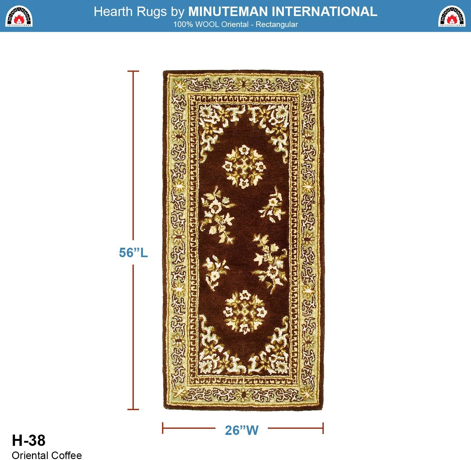 Minuteman International Coffee Oriental Wool Hearth Rug, Rectangular 56 in x 26 in