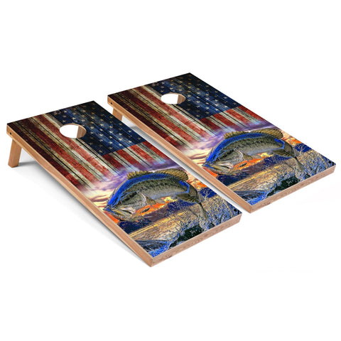 Skip's Garage American Flag Fish All-Weather Cornhole Boards - PVC - Include CASE + Hole + Edge Lights